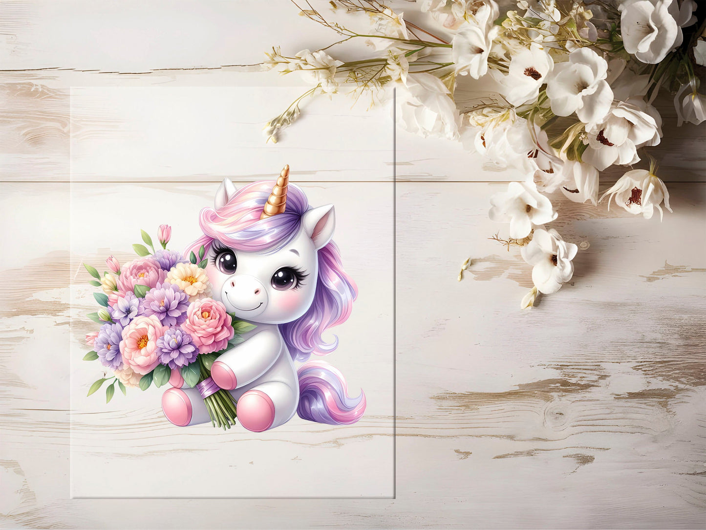 Auktion - Bügelbild - Einhorn Blumenstrauß #1303 - 15cm