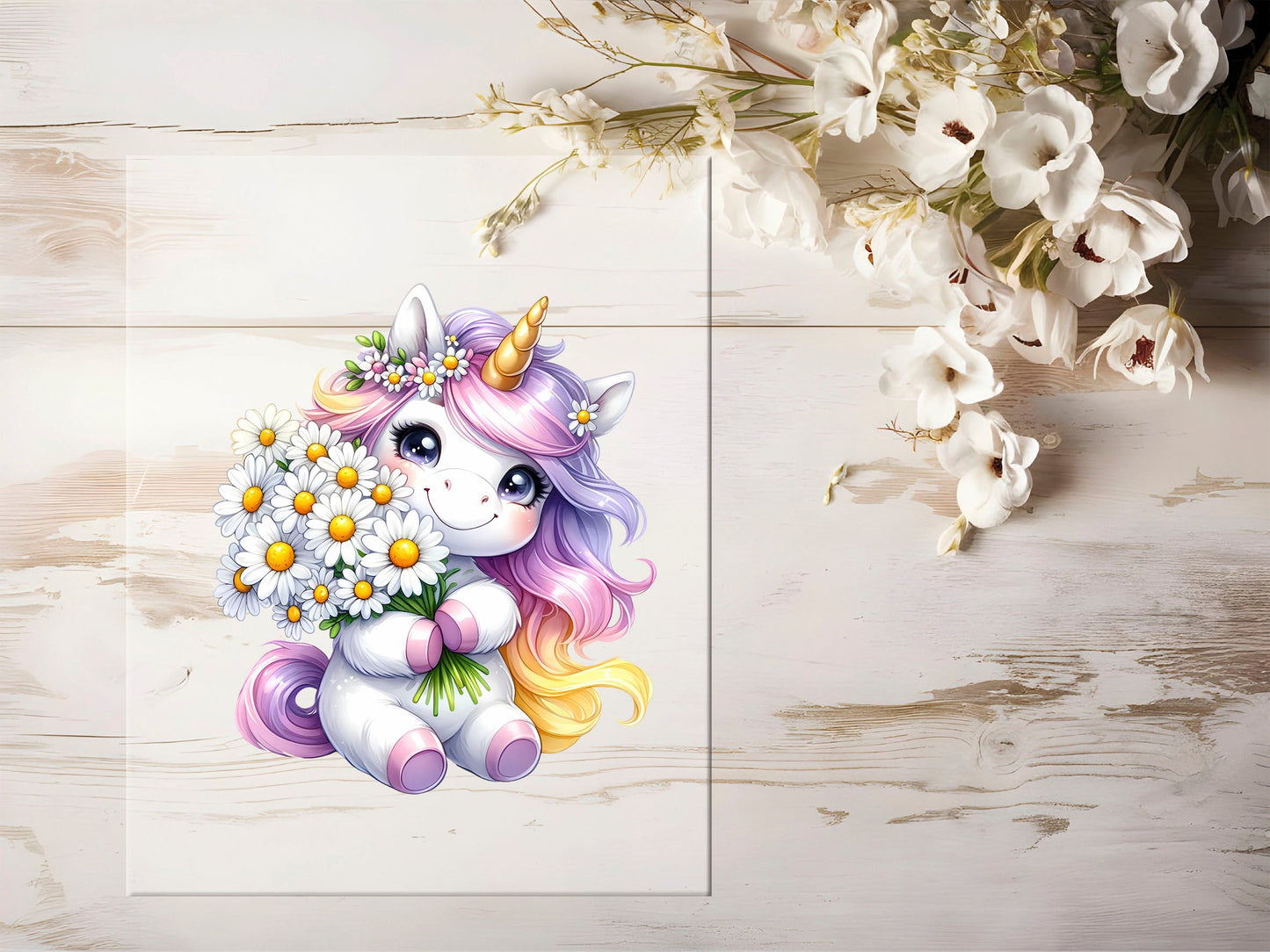 Auktion - Bügelbild - Einhorn Blumenstrauß #1301 - 15cm