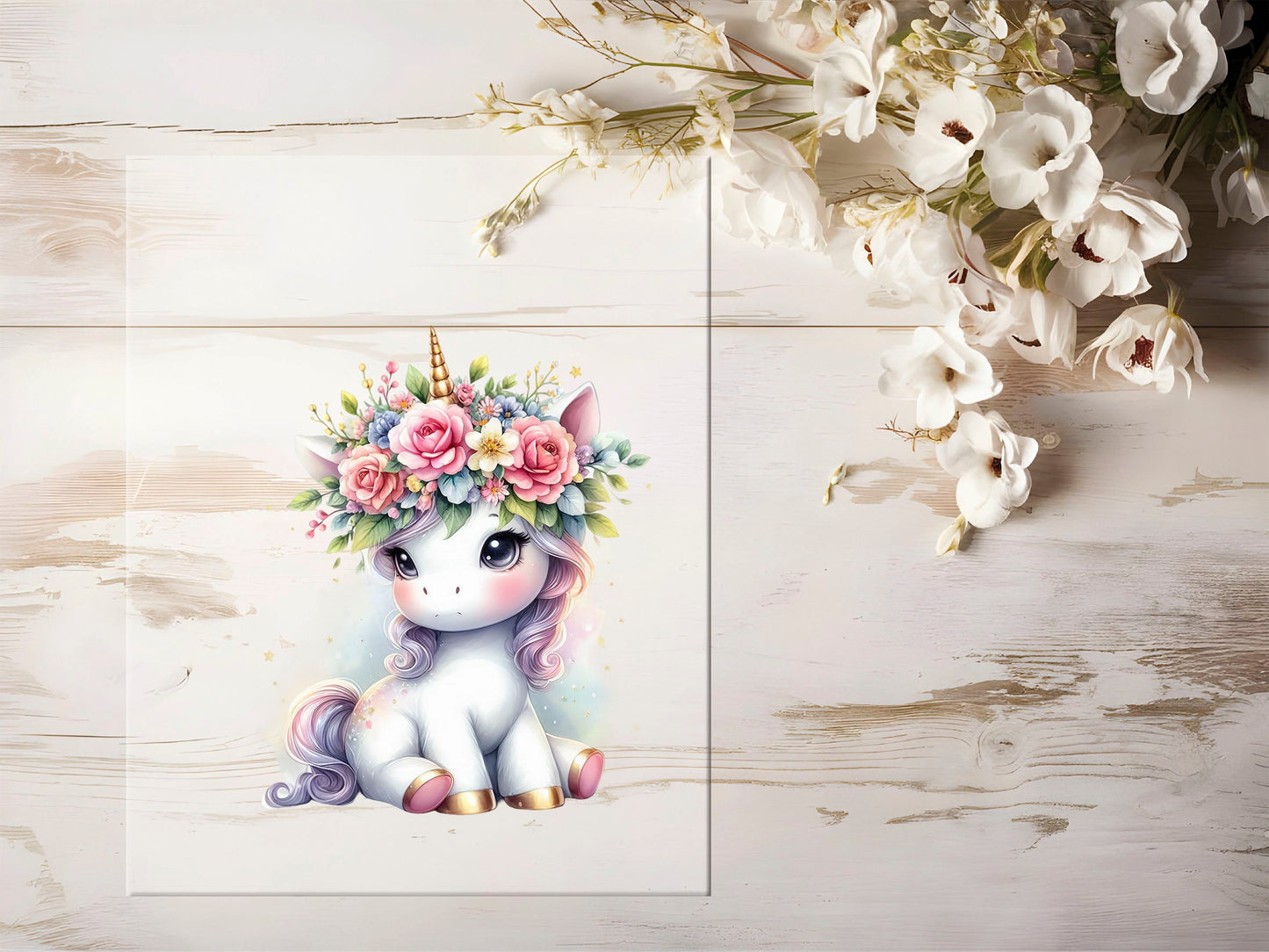 Auktion - Bügelbild - Einhorn Blumen #1294 - 15cm
