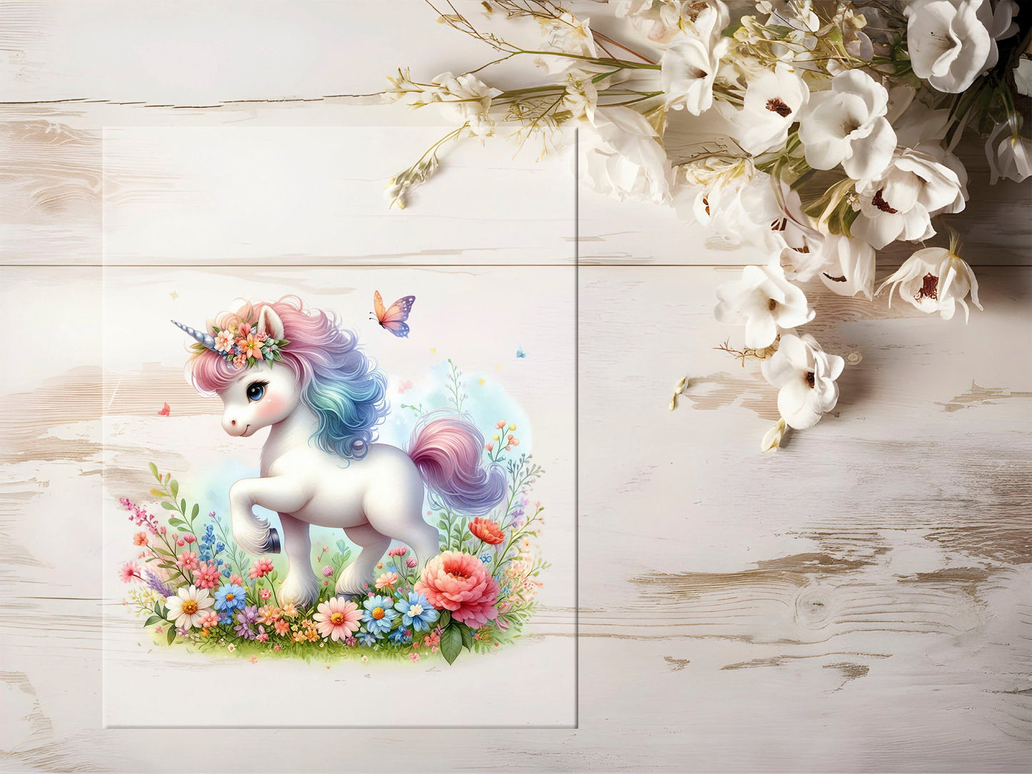 Auktion - Bügelbild - Einhorn Blumen #1289 - 15cm