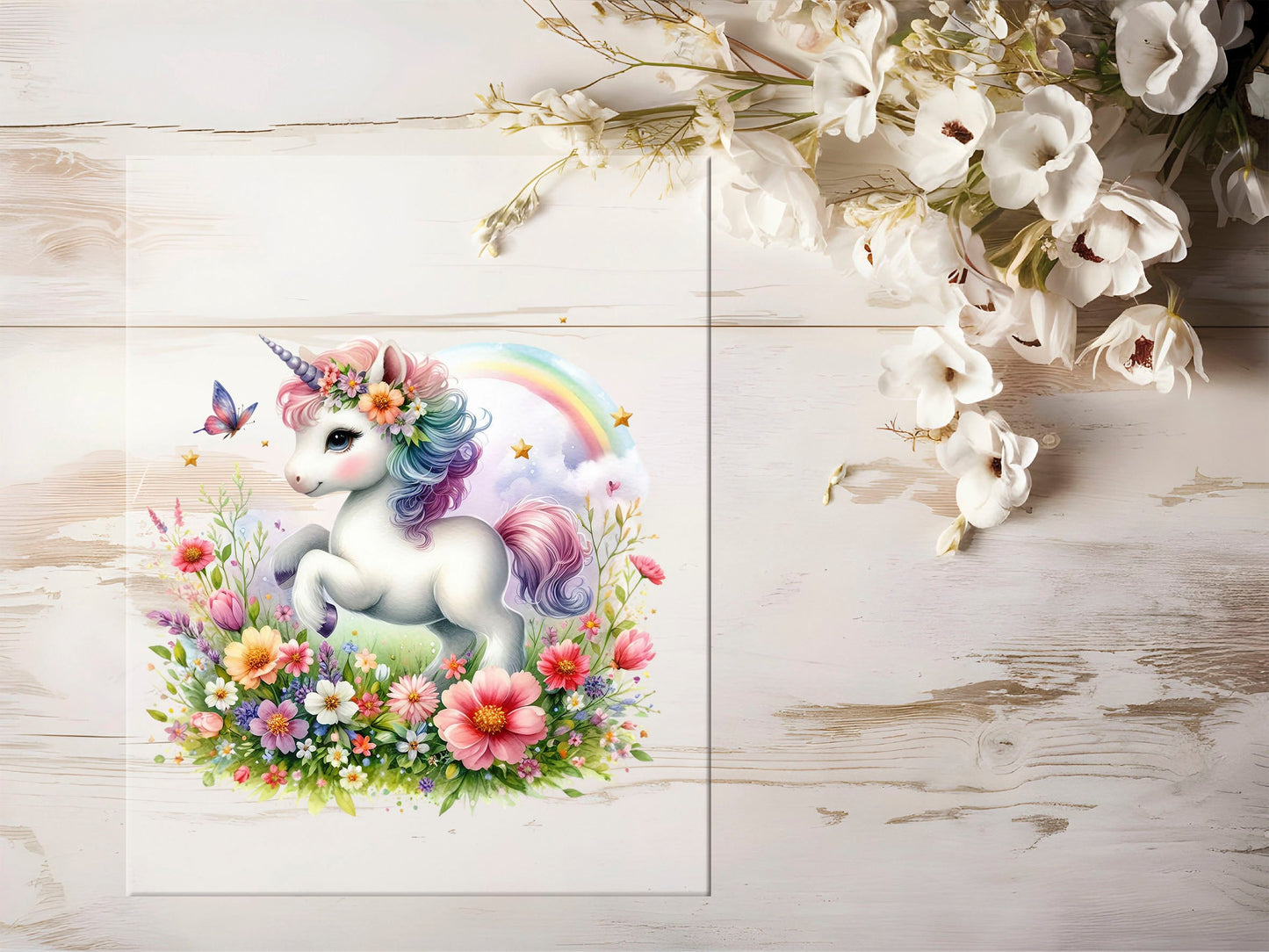 Auktion - Bügelbild - Einhorn Blumen #1263 - 15cm