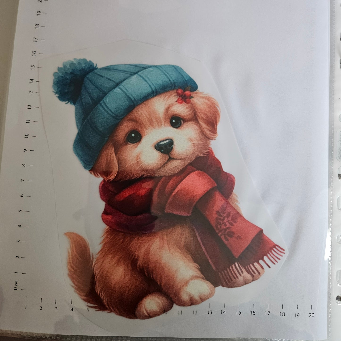 Bügelbild - ca. 20cm - Hund mit Mütze und Schal