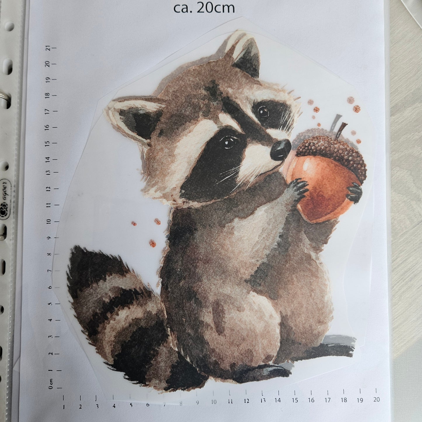 Bügelbild - ca. 20cm - Süßer Waschbär mit Eichel