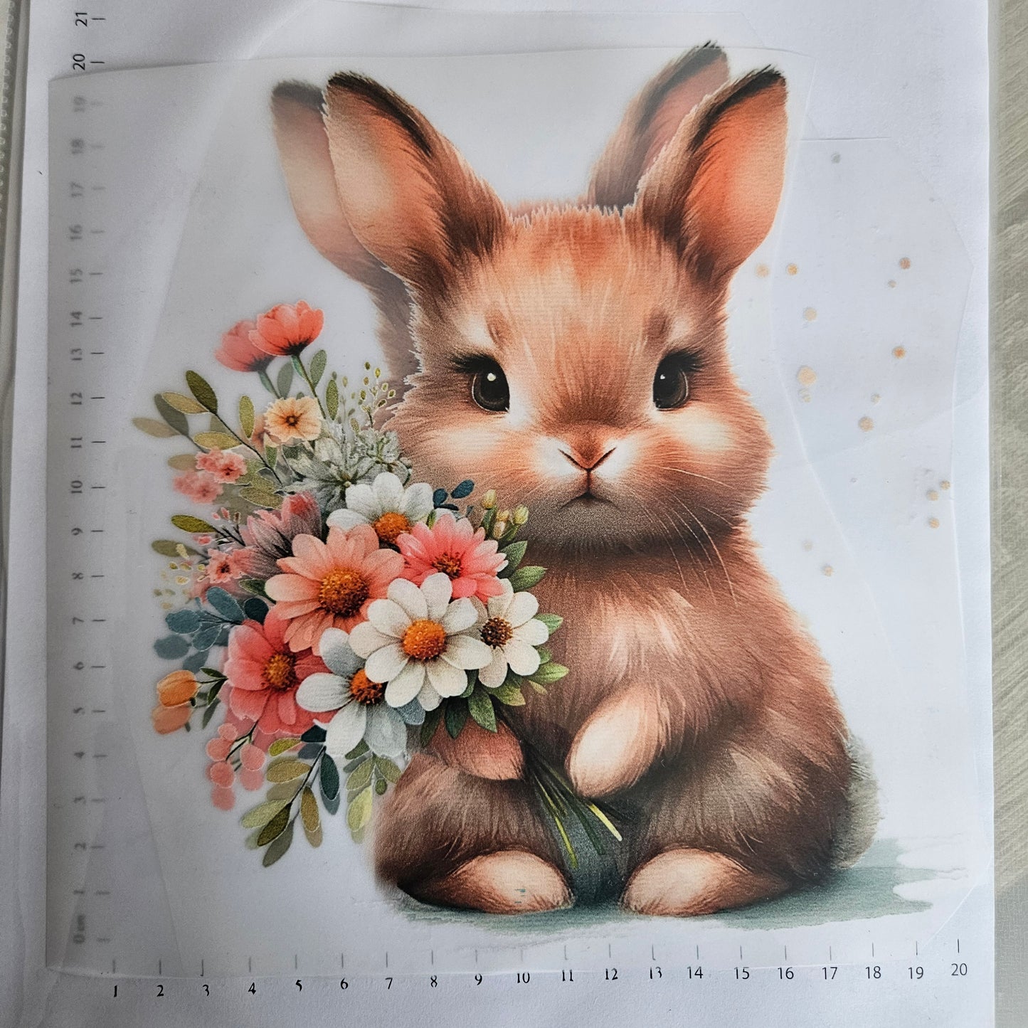 Bügelbild - ca. 20cm - Süßer Hase mit Blumen