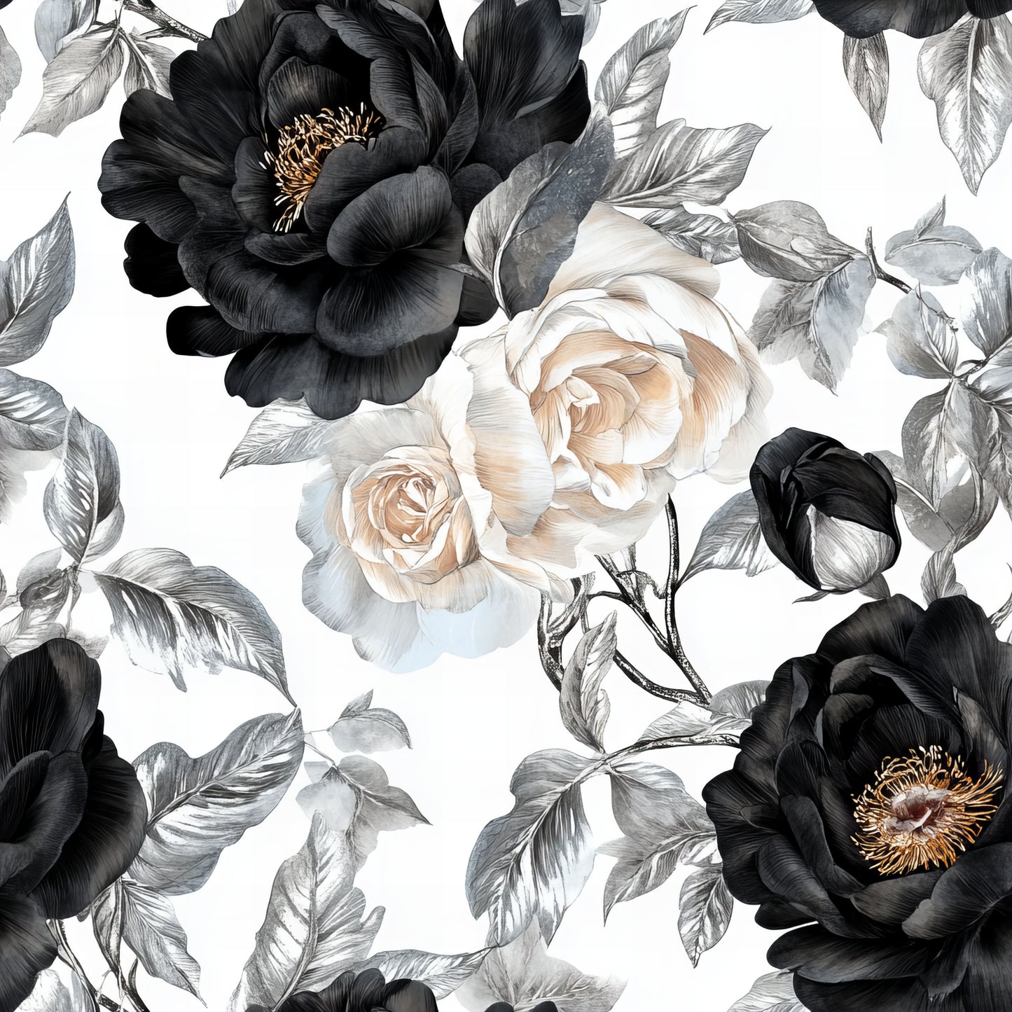 Auktion - 0,5m Jersey - Blumen Schwarz/Weiß 1