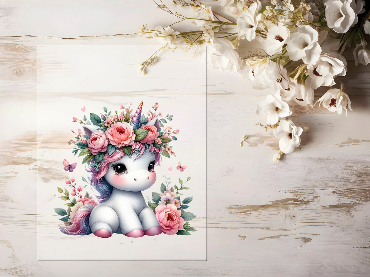 Auktion - Bügelbild - Einhorn Blumen #1298 - 15cm