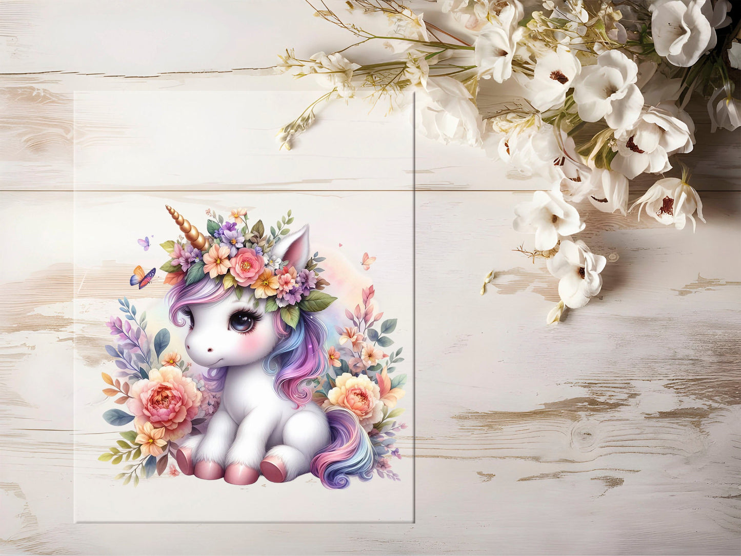 Auktion - Bügelbild - Einhorn Blumen #1278 - 15cm