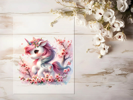 Auktion - Bügelbild - Einhorn Kirschblüte #1204 - 15cm