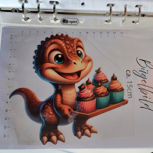 Bügelbild - ca. 15cm - Dino mit Cupcakes