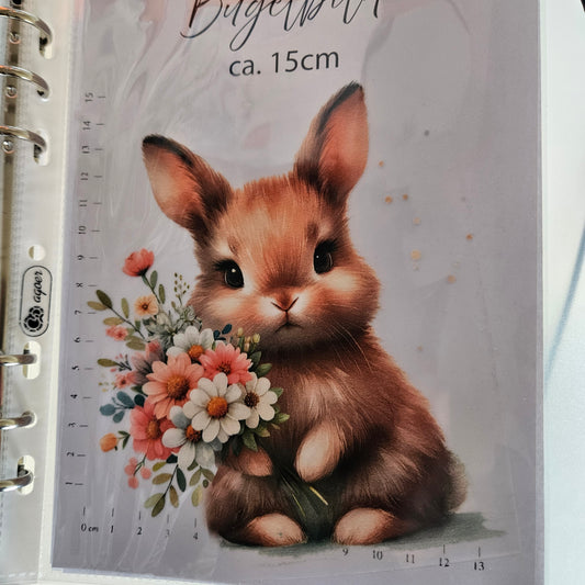 Bügelbild - ca. 15cm - Süßer Hase mit Blumen
