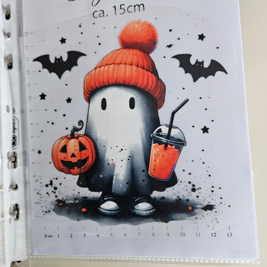 Bügelbild - ca. 15cm - Geist mit Kürbis 2
