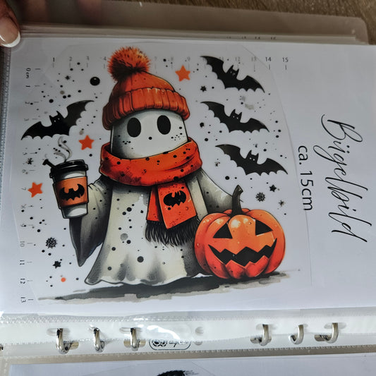Bügelbild - ca. 15cm - Geist mit Kürbis und Becher