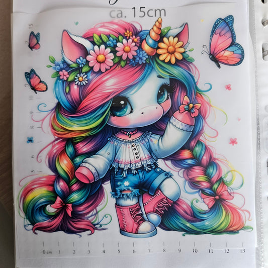 Bügelbild - ca. 15cm - Schmetterling Einhorn bunt