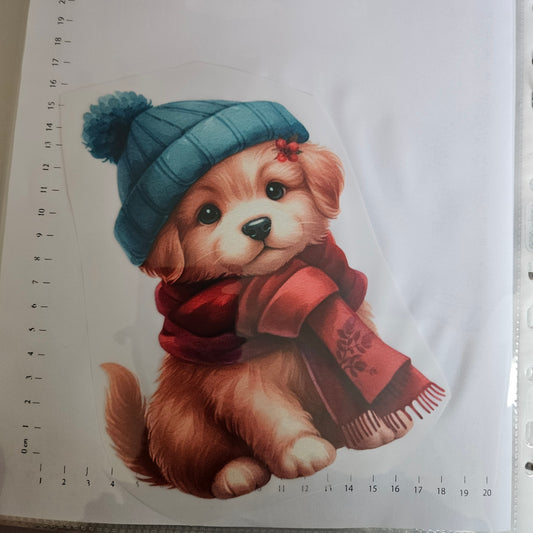 Bügelbild - ca. 20cm - Hund mit Mütze und Schal