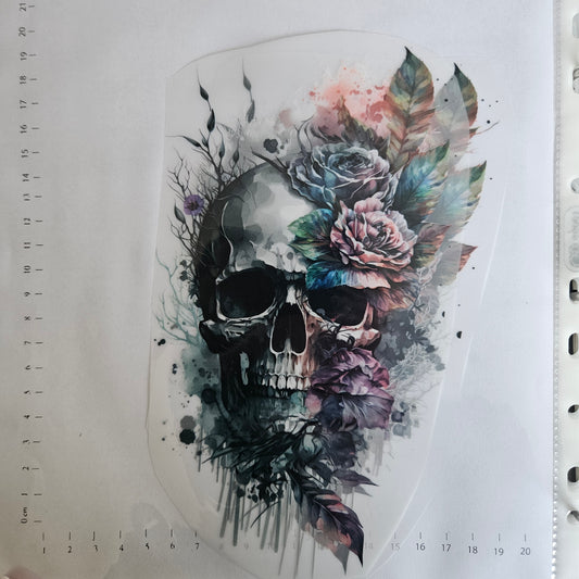 Bügelbild - ca. 20cm - Skull mit Blumen2