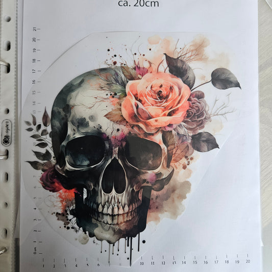 Bügelbild - ca. 20cm - Skull mit Blumen3