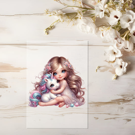 Bügelbild - Mädchen Einhornbaby Brünett #0608