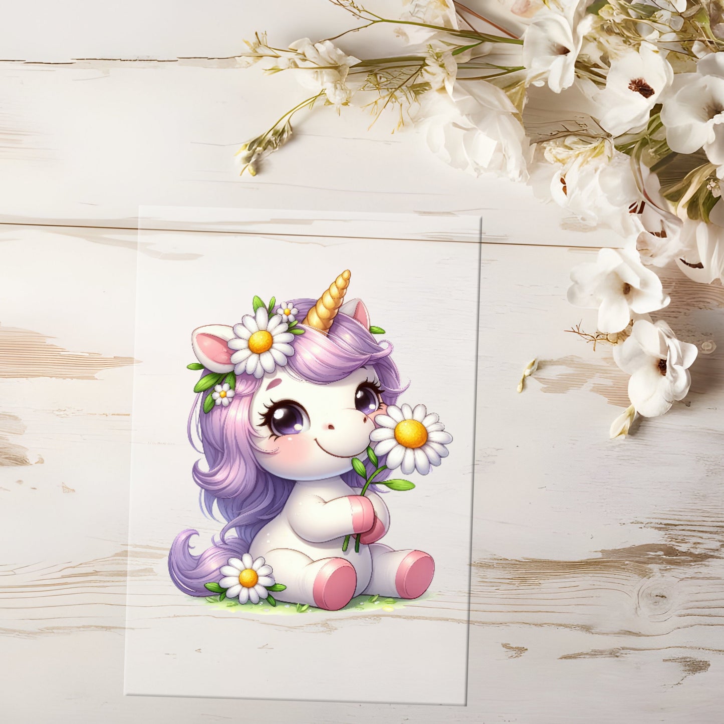 Auktion - Bügelbild - Einhorn Lila mit Blume #0571 - 15cm