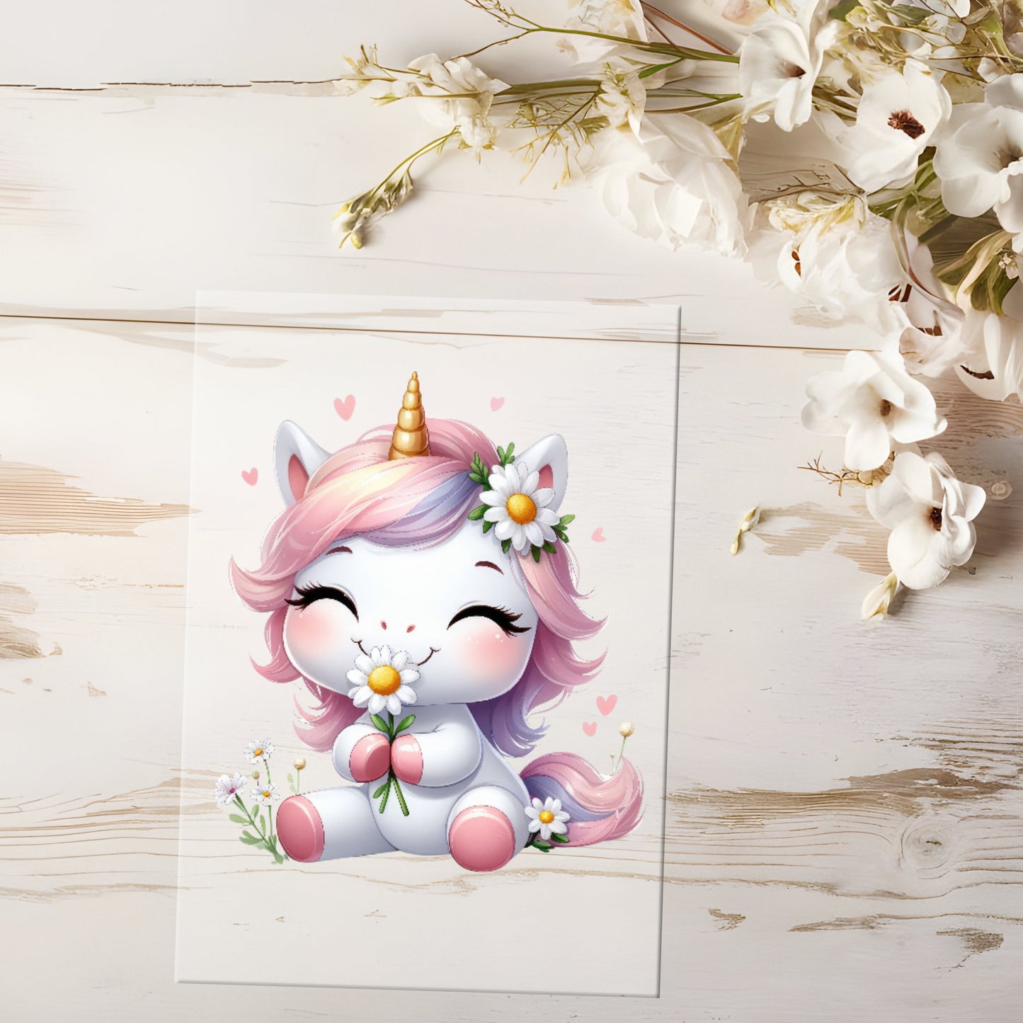 Auktion - Bügelbild - Einhorn Rosa mit Blume #0570 - 15cm
