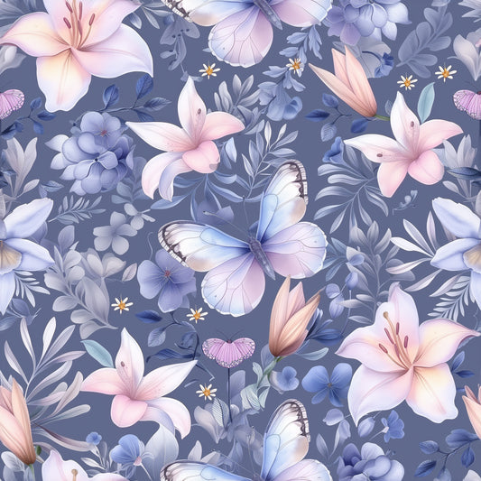 Auktion - 0,5m Jersey - Blumen & Schmetterling Dusty Lila