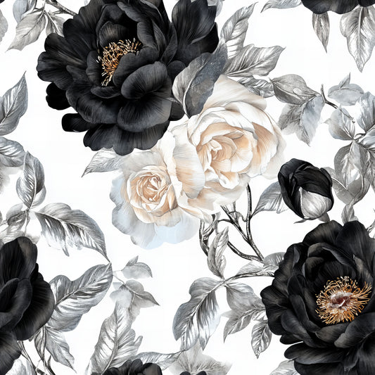 Auktion - 0,5m Jersey - Blumen Schwarz/Weiß 1