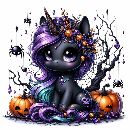 Auktion - Bügelbild - Halloween Einhorn Schwarz 1 - 15cm