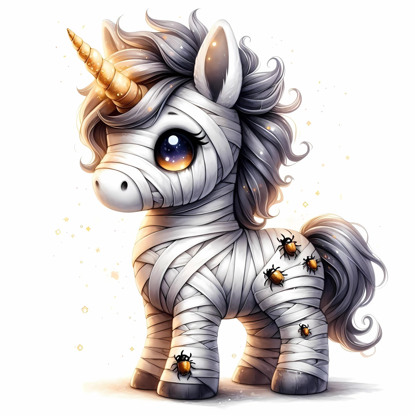 Auktion - Bügelbild - Halloween Einhorn Mumie 5 - 15cm