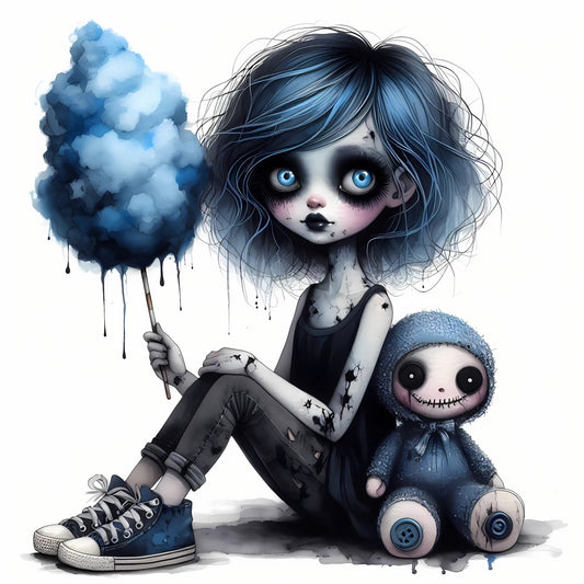 Auktion - Bügelbild - Zombie Mädchen Blau 6 - 20cm