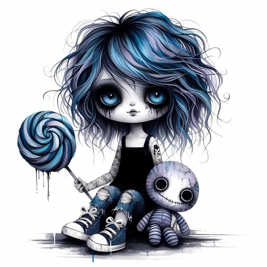 Auktion - Bügelbild - Zombie Mädchen Blau 14 - 20cm