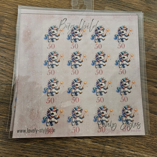 Bügelbild - 16 Größenlabel Einhorn 50