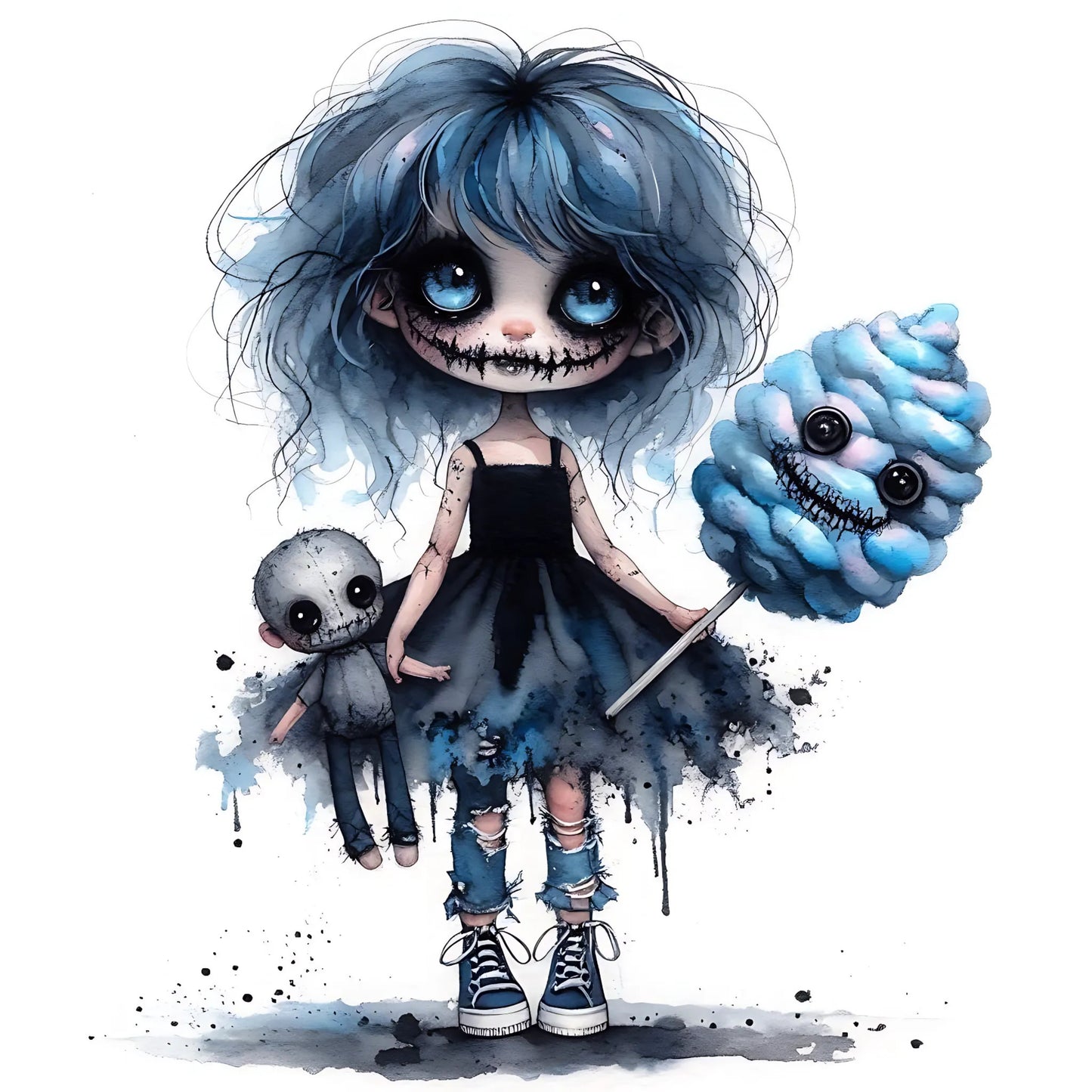 Auktion - Bügelbild - Zombie Mädchen Blau 10 - 20cm