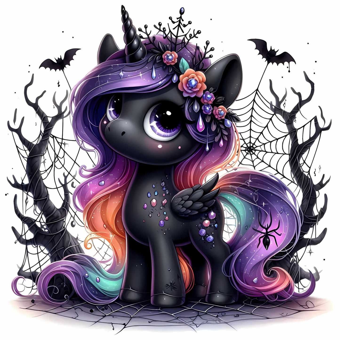 Auktion - Bügelbild - Halloween Einhorn Schwarz 2 - 15cm